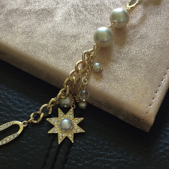 Long pave pearl star goldtone necklace on ribbon - Picture 2 of 5
